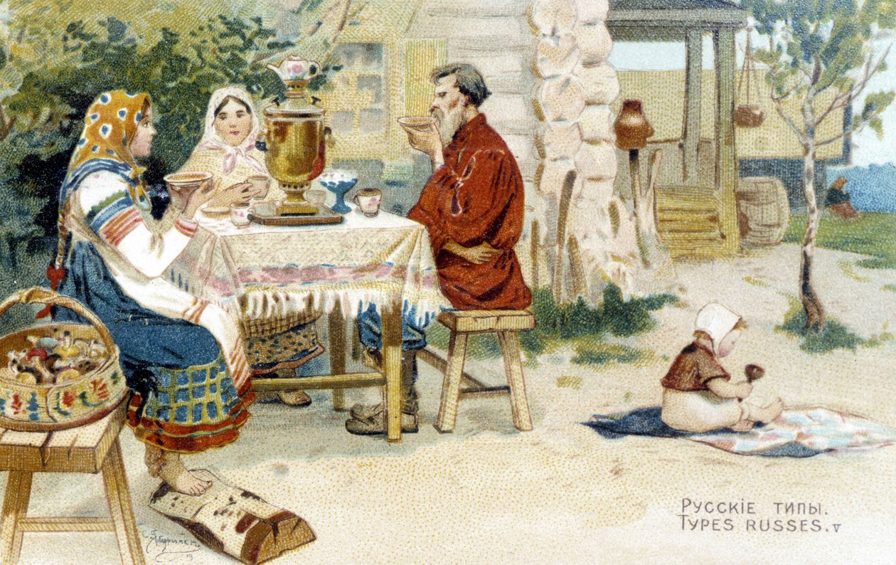 Família russa bebendo chá ao redor de um samovar - chromo. de Unknown artist