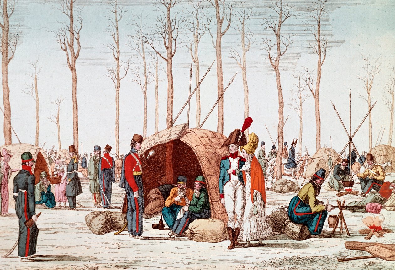 Soldados russos bivouacking nos Champs-Elysees, Paris, França, 31 de Março de 1814 (gravura) de Unknown artist