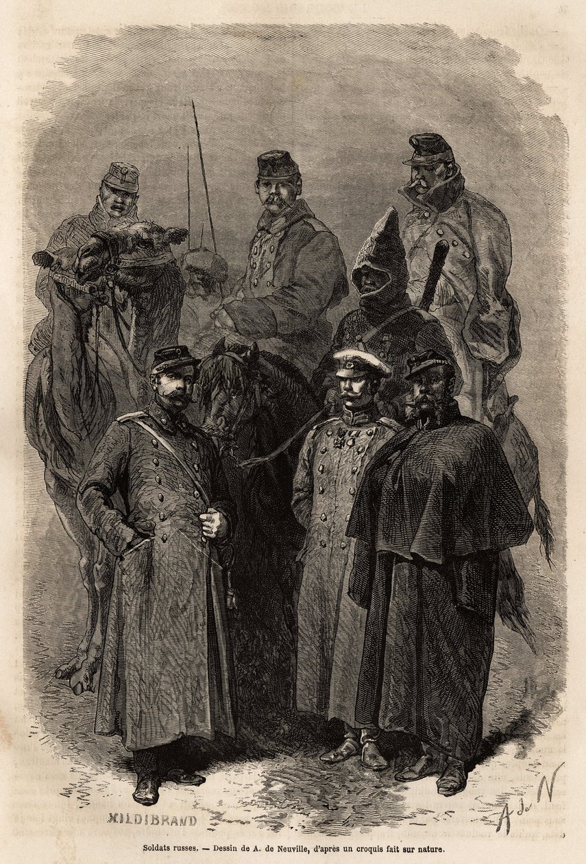 Soldados russos, que mantêm a autoridade do imperador no vasto território da Rússia, o exército russo também permitiu uma ascensão social muito rápida, dando certos privilégios e instrução a cada um dos seus membros. Gravura para ilustrar a libertação russ de Unknown artist