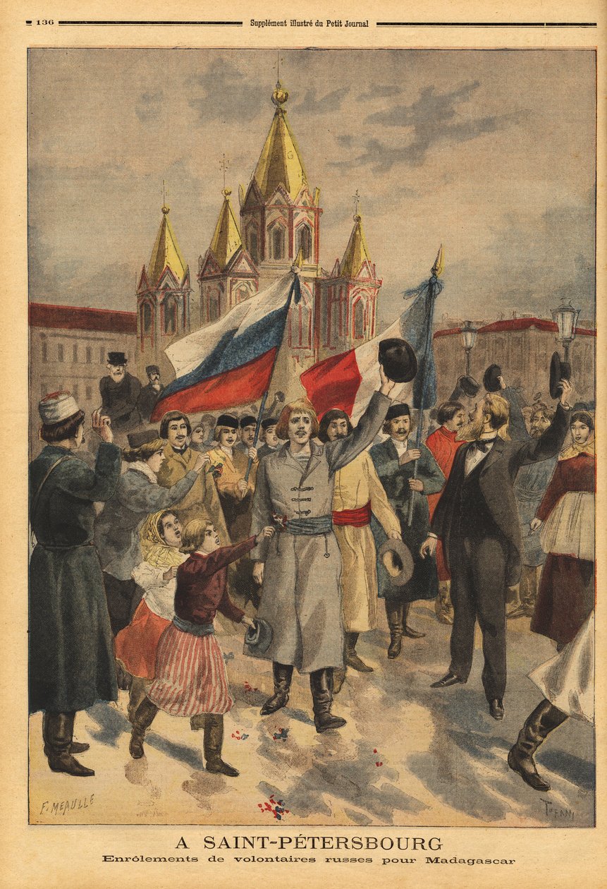 Voluntários russos em São Petersburgo para a expedição francesa de Madagáscar. Gravação no "Le petit journal" 28/04/1895. A coleção de Selva. de Unknown artist