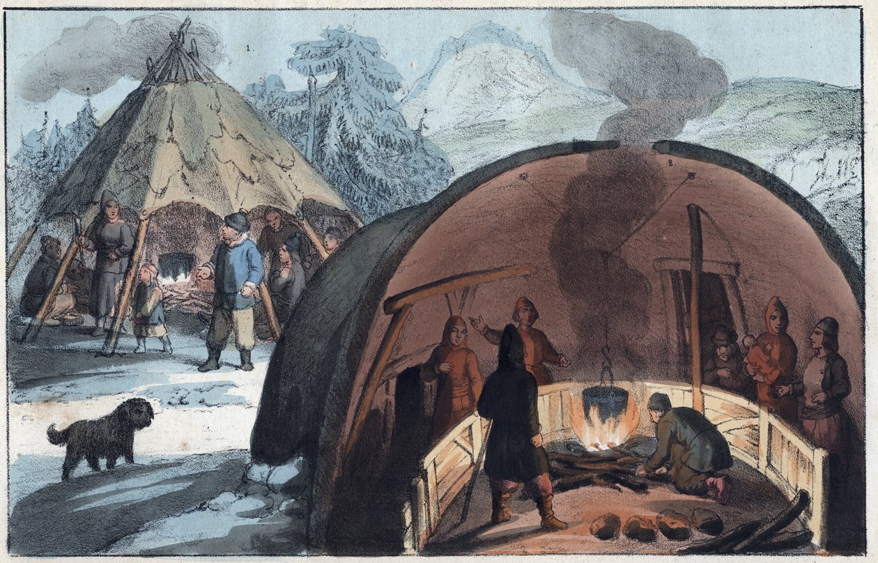Família Saami em uma tenda na Lapônia - Interior de uma Cabana Laplander com uma Família ao redor do Fogo - gravura de "Usos e costumes de todos os povos do Universo". Ou História do Governo, Leis, Milícias e Religião de Todas as Nações, de de Unknown artist
