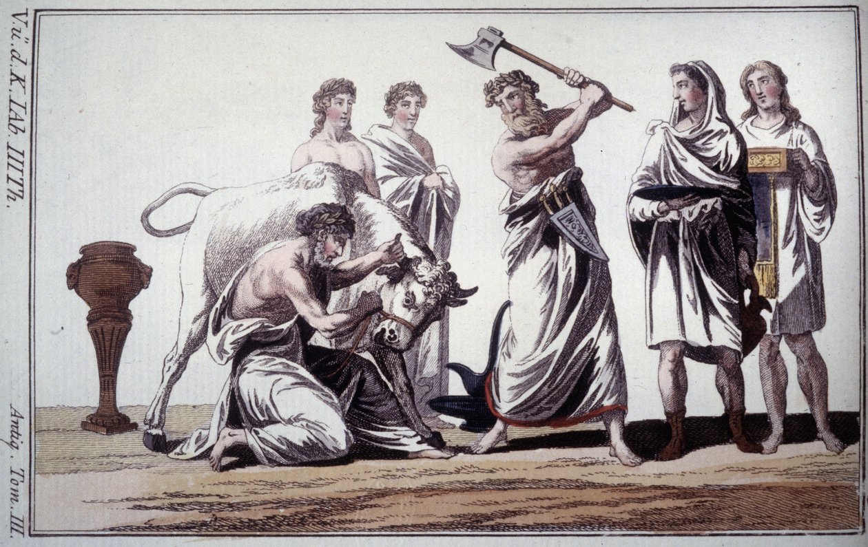 Sacrifício de um touro. Costume na antiguidade romana. Gravura do início do século XIX. de Unknown artist