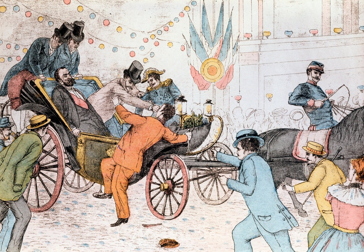 Sadi Carnot assassinado por Sante Jerónimo Caserio, anarquista italiano, 25 de Junho de 1894 (gravura) de Unknown artist