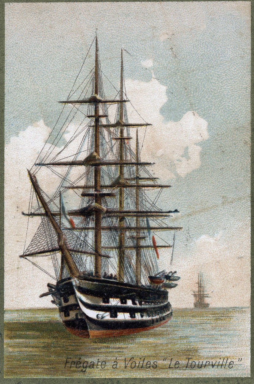 Velejar fregate "Le tourville" em 1787. Cromolitografia do século XIX. de Unknown artist