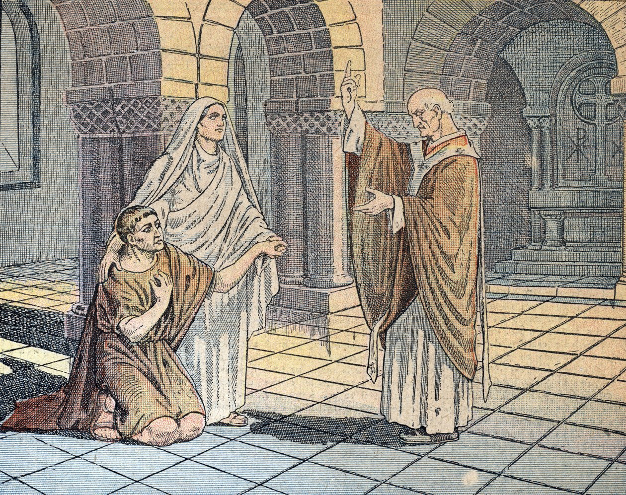 Santo Agostinho de Hipona (354-430) e sua mãe Santa Mónica diante de Santo Ambrósio (340-397) em Milão, 387 (Santo Agostinho de Hipona com sua mãe Santa Mónica diante de Santo Ambrósio de Milão, 387) Ilustração de "Le pelerin" 1933 Coleção particular de Unknown Artist