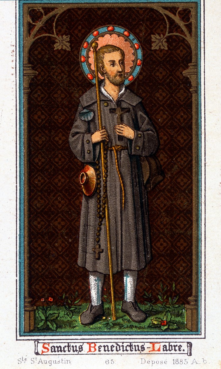 São Bento de Nursie (nascido em Nurcia (Nurcia), na Úmbria, cerca de 480 - 527) como peregrino. Cromolitografia de 1885. de Unknown artist