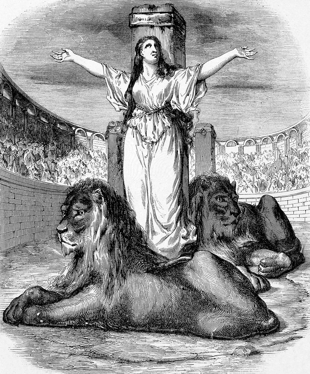 São Blandine, jovem escravo cristão, martirizado em anel de leões em Lyon em 177, gravura de Unknown artist