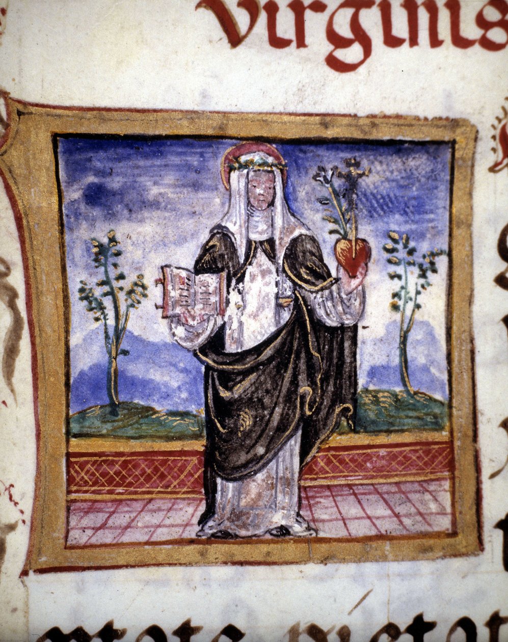 Santa Catarina de Sena (1347 - 1380) segurando um livro e um coração, miniatura do século XV. de Unknown artist