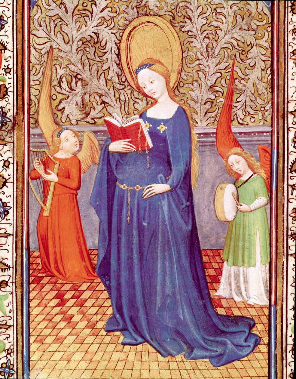 Santa Cécile rodeada por dois anjos músicos Miniatura tirada de "As Horas de Eduardo I (Duarte) de Portugal (1391-1438)" Lisboa do século XV, Torre do Tombo de Unknown artist
