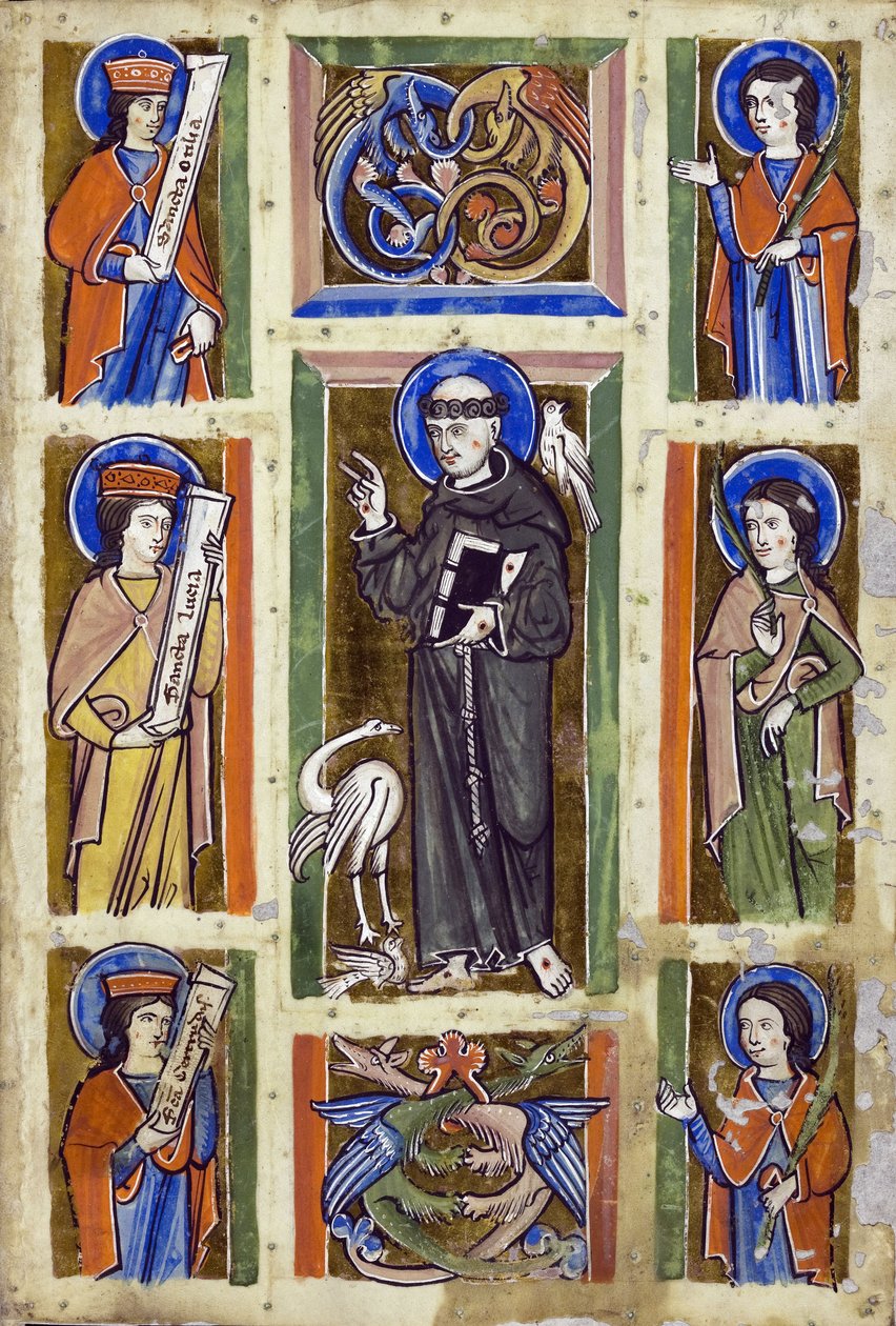 São Francisco prega aos pássaros, Anónimo. Aquarela em pergaminho, ca. 1230-1240, Badische Landesbibliothek de Unknown artist