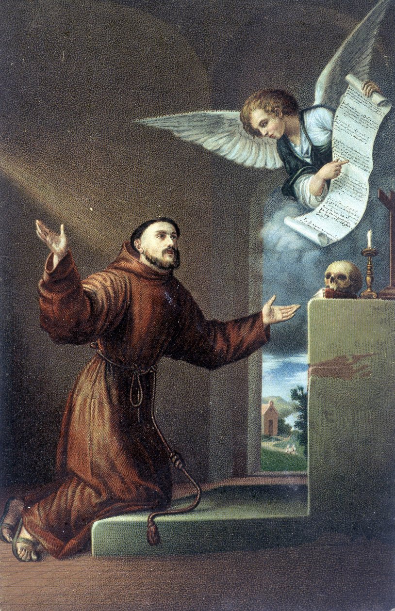 São Francisco de Assis (1181 ou 1182 - 1226) diante de um anjo. A cromolitografia do século XIX. de Unknown artist