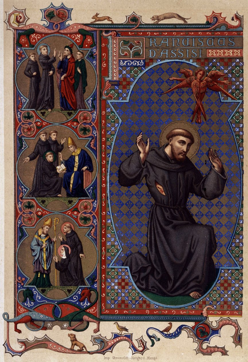 São Francisco de Assis e o aparecimento de estigmas (1224), cromolitografia do século XIX de Unknown artist