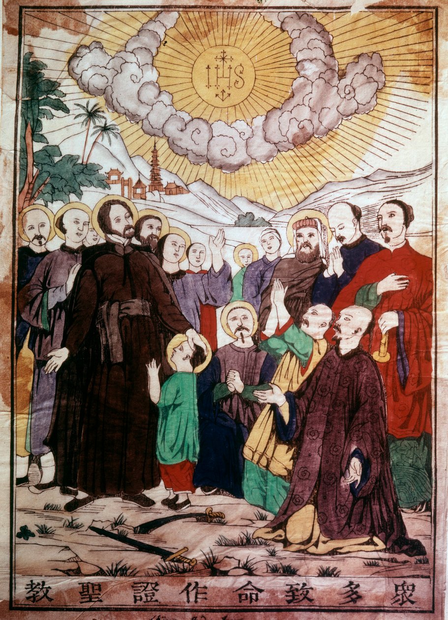 São Francisco Xavier (1506-1552), missionário jesuíta espanhol um dos fundadores da Companhia de Jesus, evangelizando os chineses sob a proteção de Cristo na China. Gravura do século XIX. Chantilly, seminário jesuíta de Unknown artist
