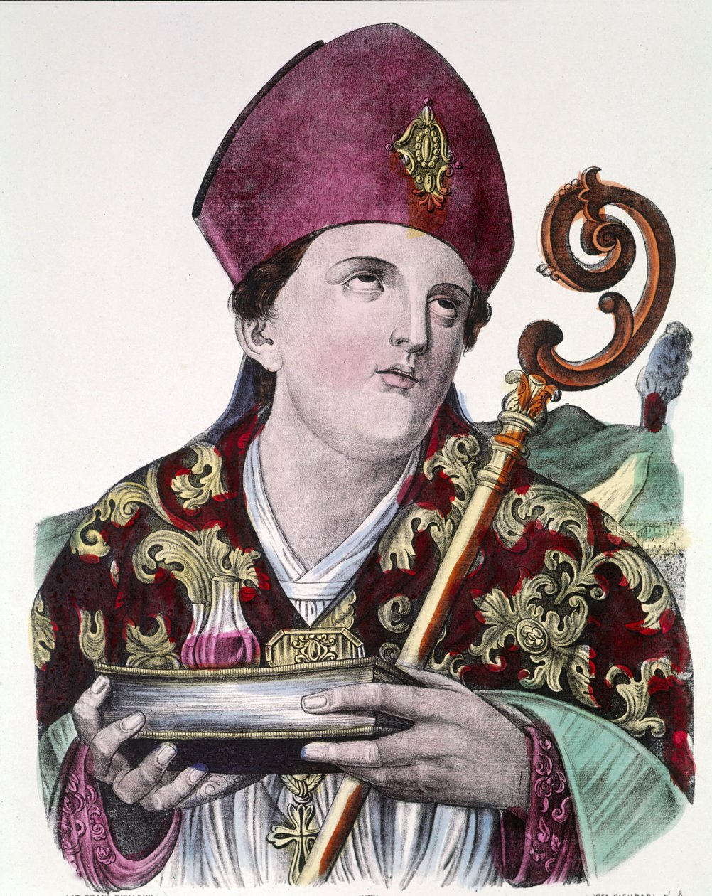 São Gennaro ou São Janvier, patrono da cidade de Nápoles, segurando em suas mãos a ampola que contém seu sangue. Impressão popular colorida do século XIX. de Unknown artist
