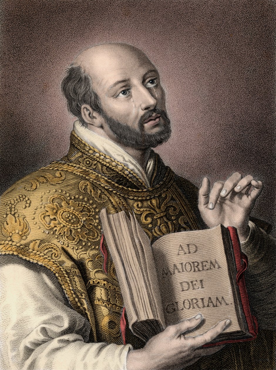 Santo Inácio de Loyola (1491-1556), teólogo espanhol, com um livro com o lema latino da Companhia de Jesus "Ad maiorem Dei gloriam" (Para a maior glória de Deus) - Retrato de Inácio de Loyola (Santo Inácio ou Santo Inácio) de Unknown artist