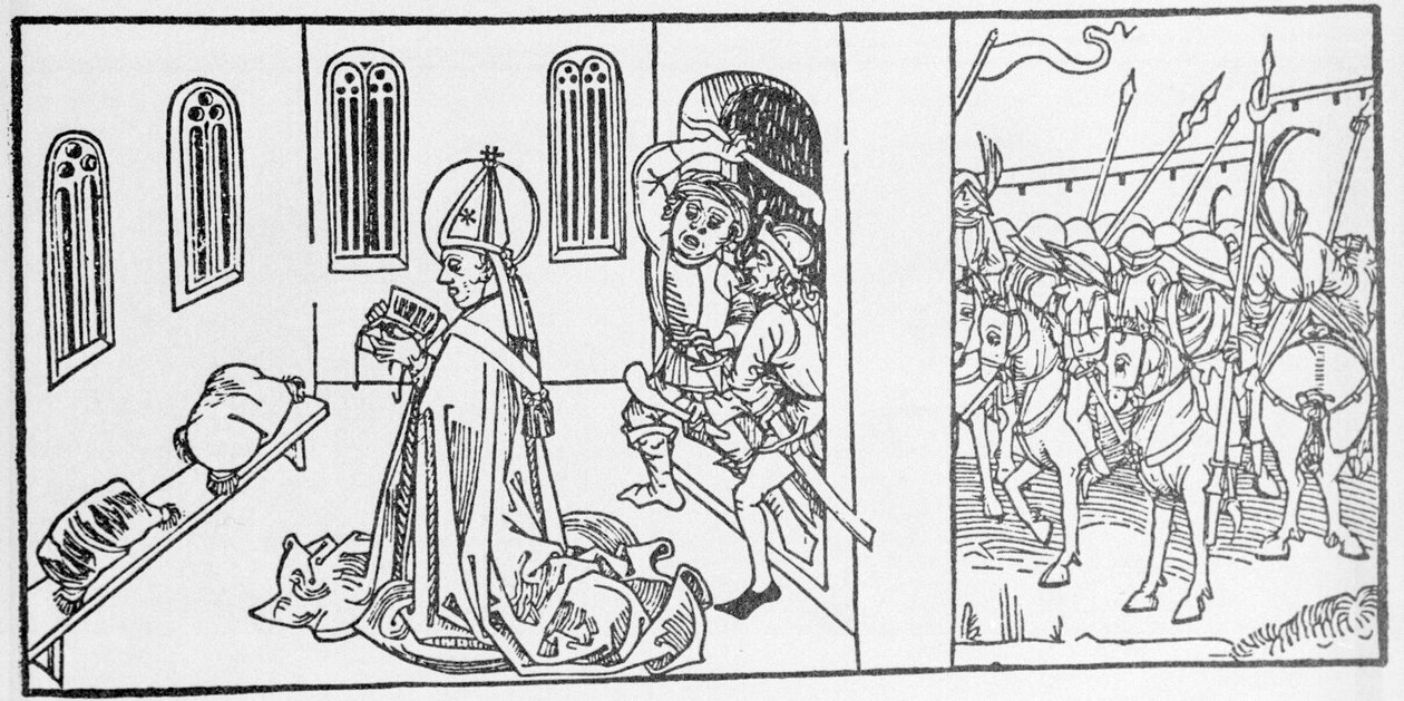 São Lambert. Gravura de "Leben der Heiligen - sommerteil" (O livro do santo) de Jacobus (Tiago) de Voragine (1228-1298). Lubeck 1488. de Unknown artist