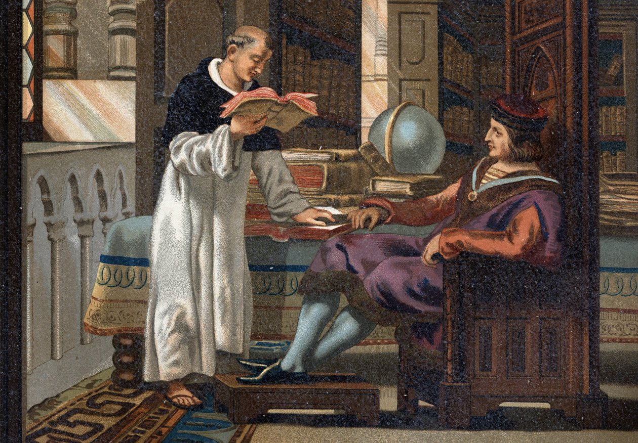 São Luís (1214-1270), rei da França, e seu conselheiro São Vicente de Beauvais (v.1190-1264), depois de "La Ciencia y sus Hombres par Louis Figuier". Barcelona, 1881. de Unknown artist