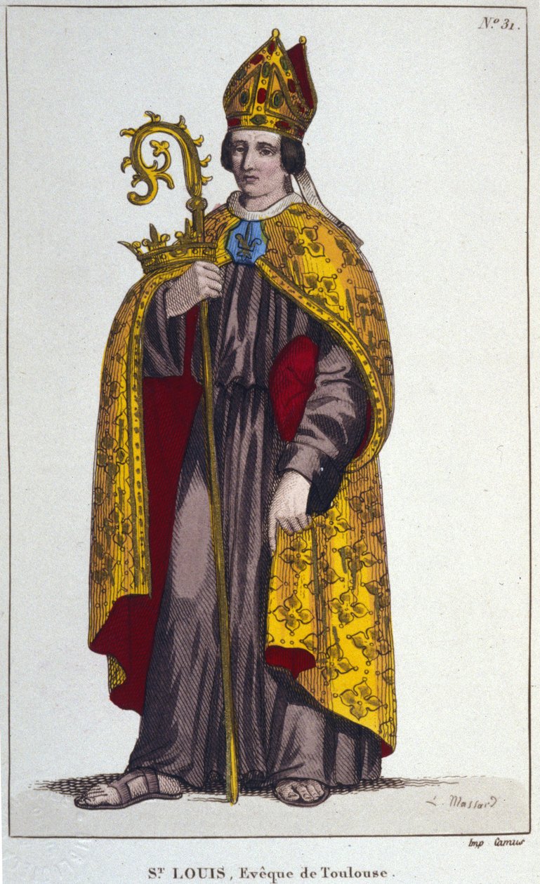 Saint Louis de Toulouse ou Saint Louis de Anjou. Sobrinho de São Luís (1274 a 1297), bispo de Toulouse. gravura de 1830 de Unknown artist
