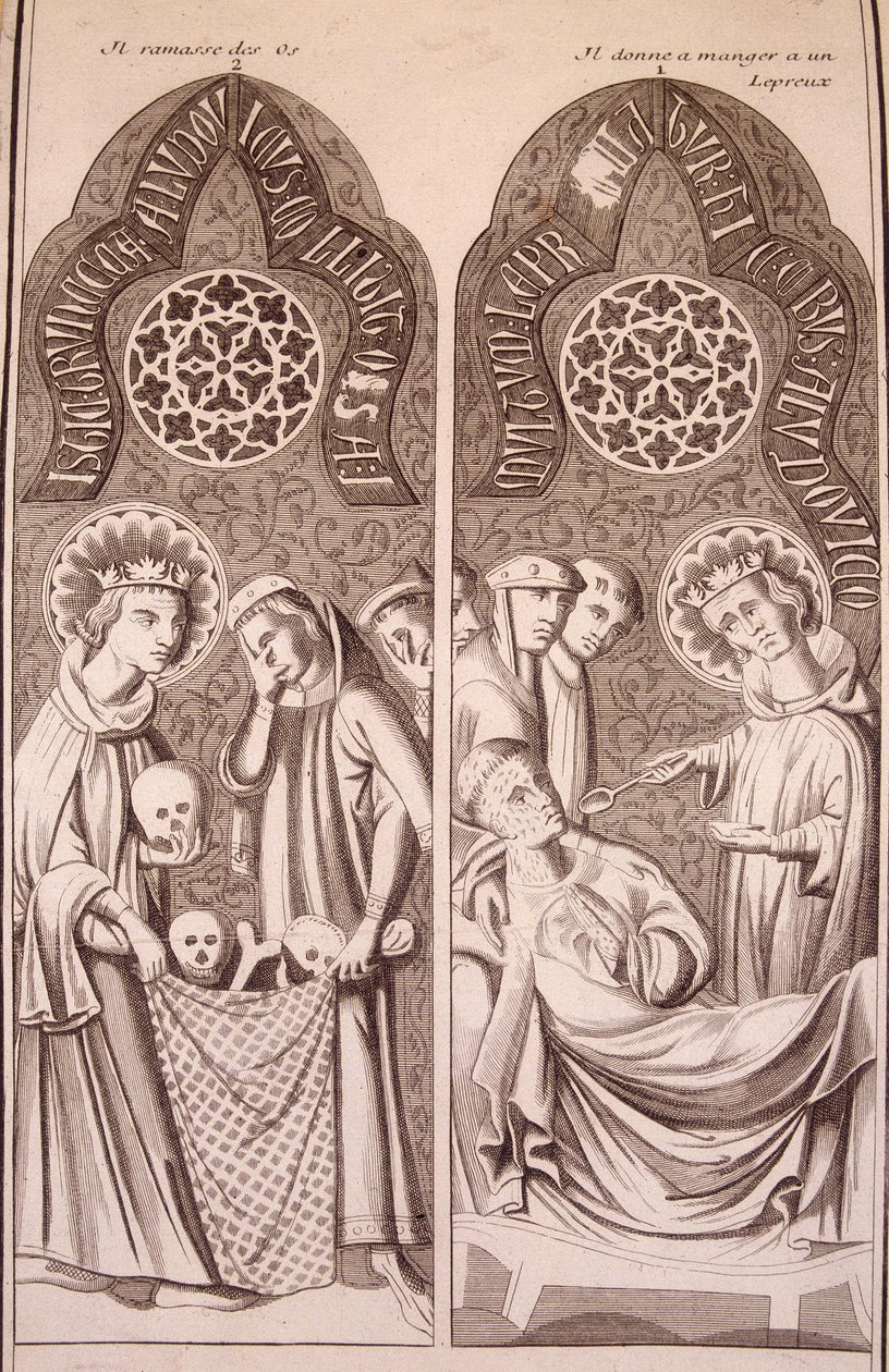 Saint Louis pega nos ossos e dá comida aos leprosos de Unknown artist
