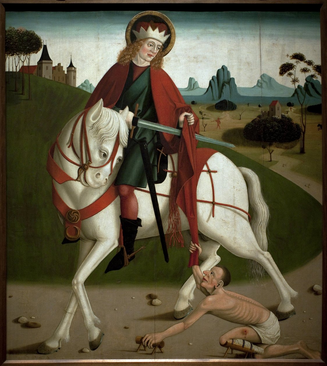 São Martinho e o mendigo. Ele cortou o casaco para o dar a um mendigo. Uma pintura anónima, por volta de 1490. Magyar Nemzeti Galleria, Budapeste, Hungria. de Unknown artist