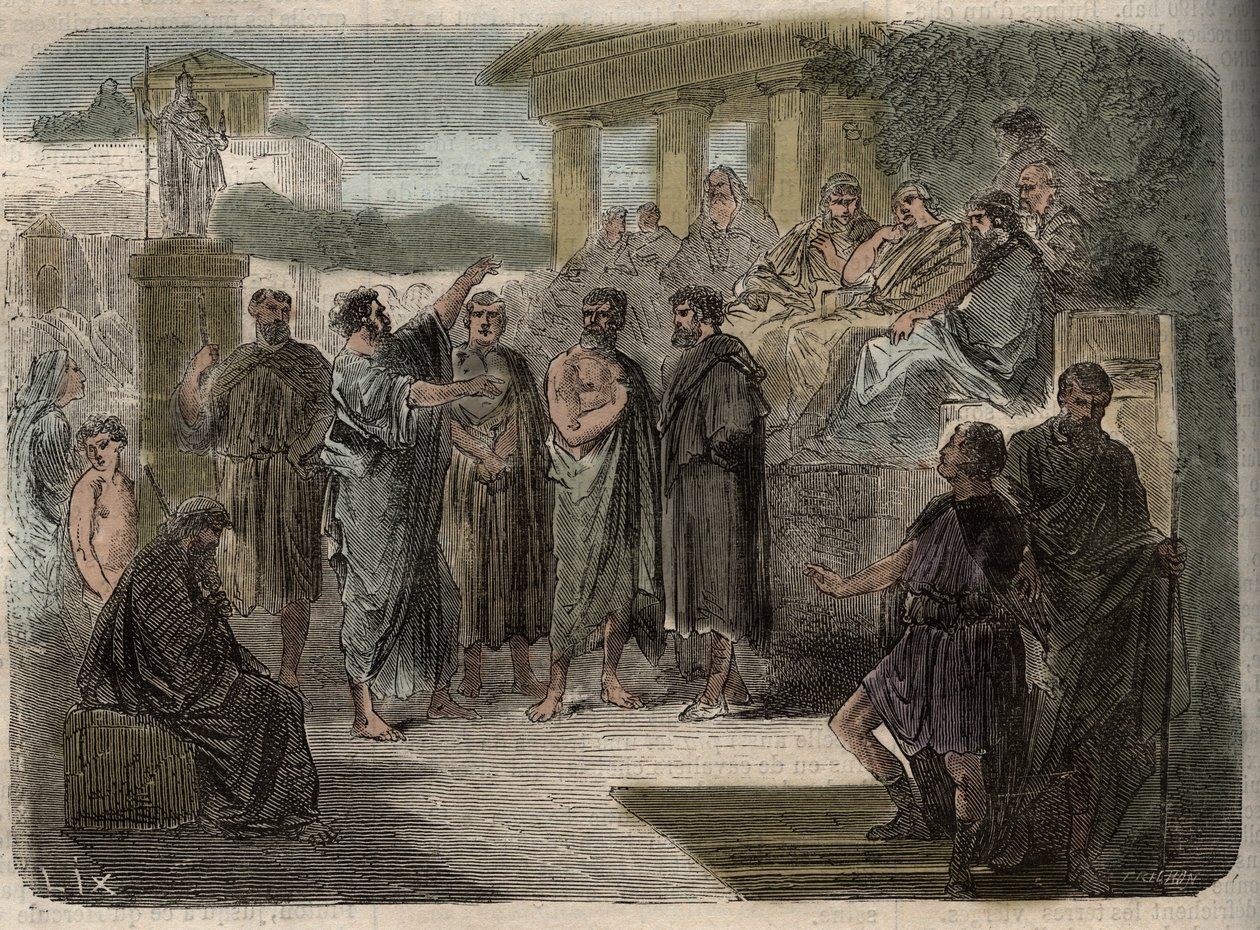 Pregação de São Paulo em Atenas - A Predição de São Paulo em Atenas - O Discurso de Paulo em Aeropage" Paulo de Tarso em Atenas Aeropage onde os filósofos da Grécia Antiga estão unidos - gravura - de Unknown artist