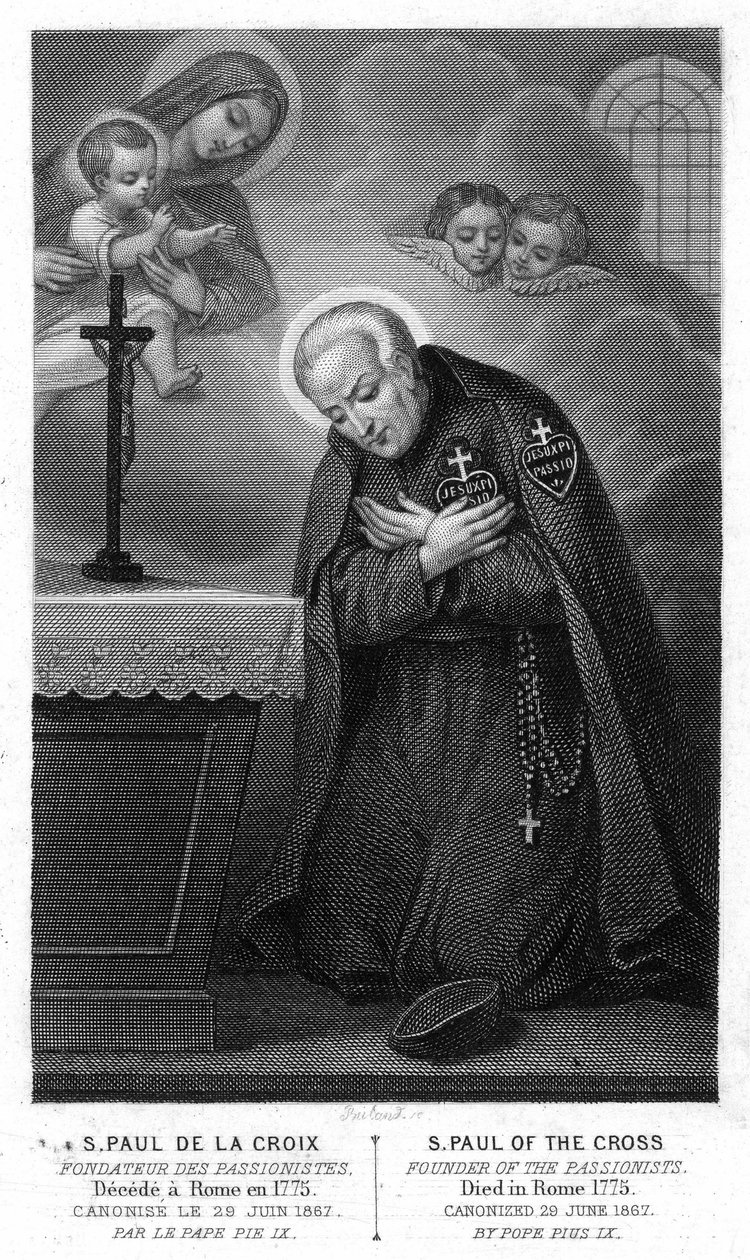 São Paulo da Cruz, fundador dos Passionistas, decepcionado em Roma em 1775, canonizado em 29 de junho de 1867 pelo Papa Pio IX. Gravura do século XIX. de Unknown artist