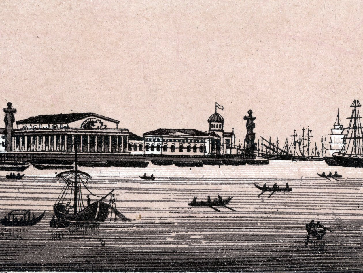 São Petersburgo, Rússia: vista do Rio Neva e Intercâmbio em São Petersburgo. in "O mundo ilustra 168 vistas" Sem data (final do século XIX) de Unknown artist