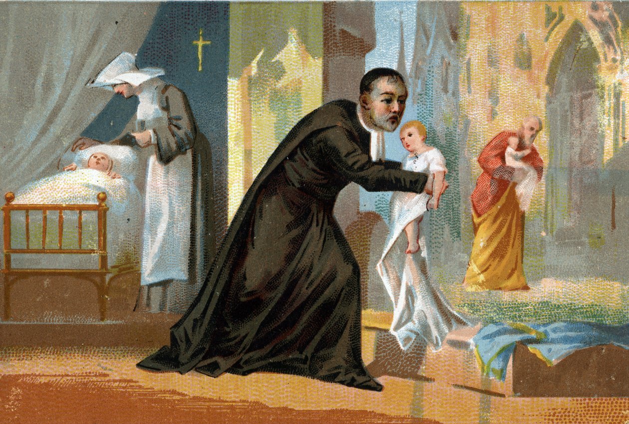 São Vicente de Paulo (1576-1660), conhecido por sua caridade, criador do hospital para encontrar crianças. Cromolitografia do século XIX. de Unknown artist