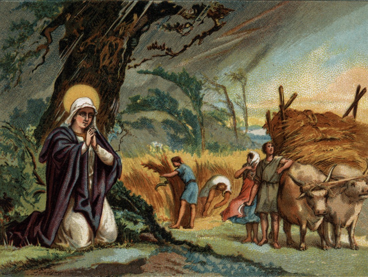 Sainte Genevieve (422-502), santa padroeira de Paris preserva as colheitas da tempestade no meaux.Chromolithography por volta de 1890. de Unknown artist