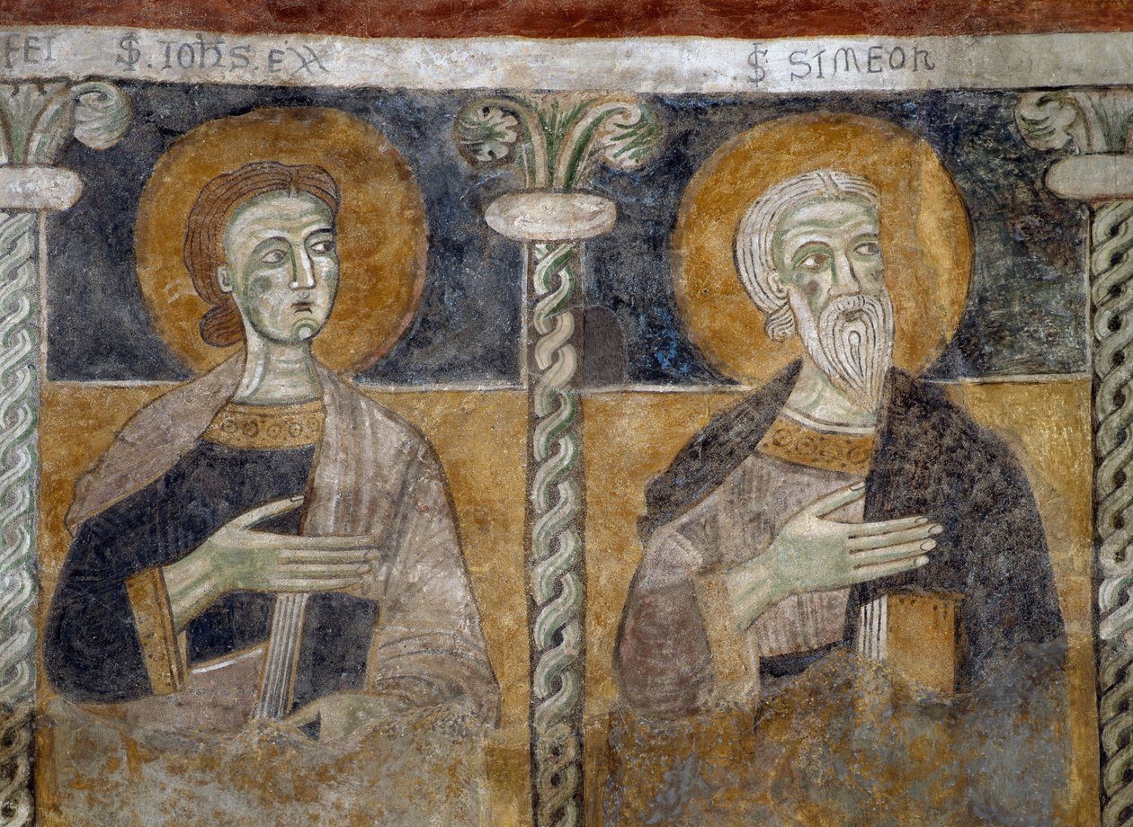 Santos João Evangelista e Simeão, detalhe do afresco do século XII na Basílica de Santos Sisínio, Martirio e Alessandro, San Zeno di Trento, Trentino-Alto Adige, Itália. de Unknown artist