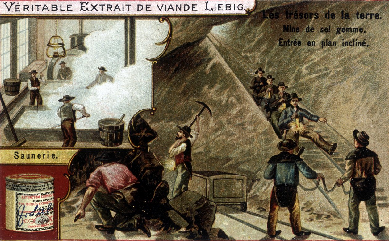 Mina salina e salina: extração de sal e saunier. Cromolitografia de produtos Liebig, série "Les trresors de la terre". de Unknown artist