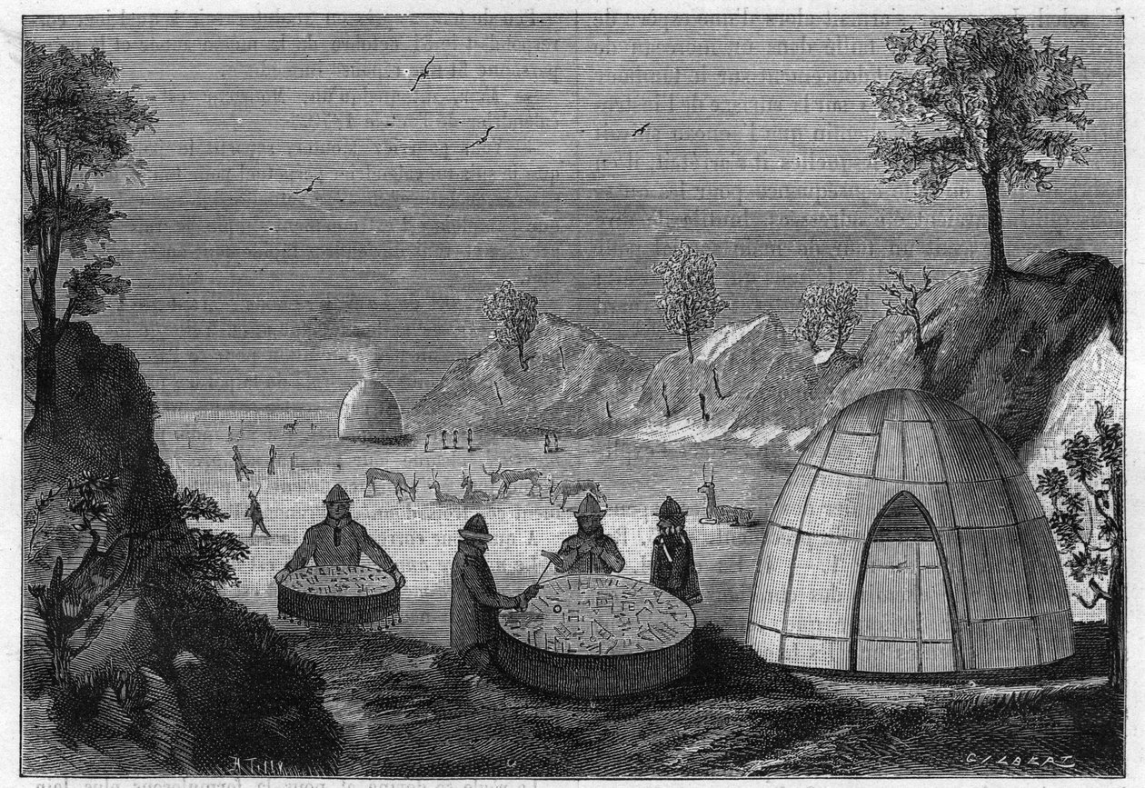 Sami wizard prevendo o futuro por meio de um tambor mágico. Gravura de 1885. de Unknown artist