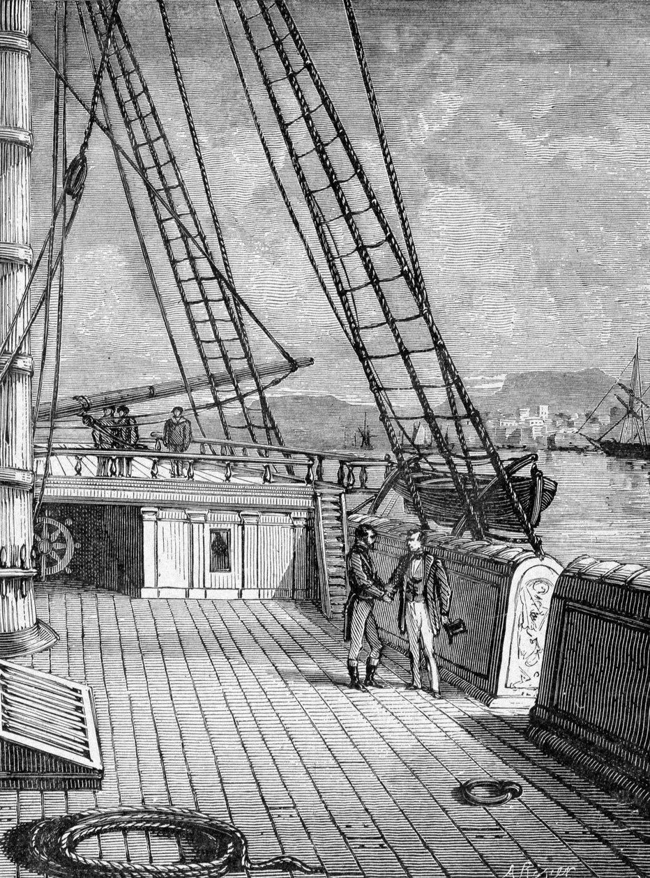 Samuel Morse (1791-1872), inventor do telégrafo eletrônico (1844) e do alfabeto Morse a bordo do transatlântico "Sully" em 1832. Gravura do século XIX de Unknown artist