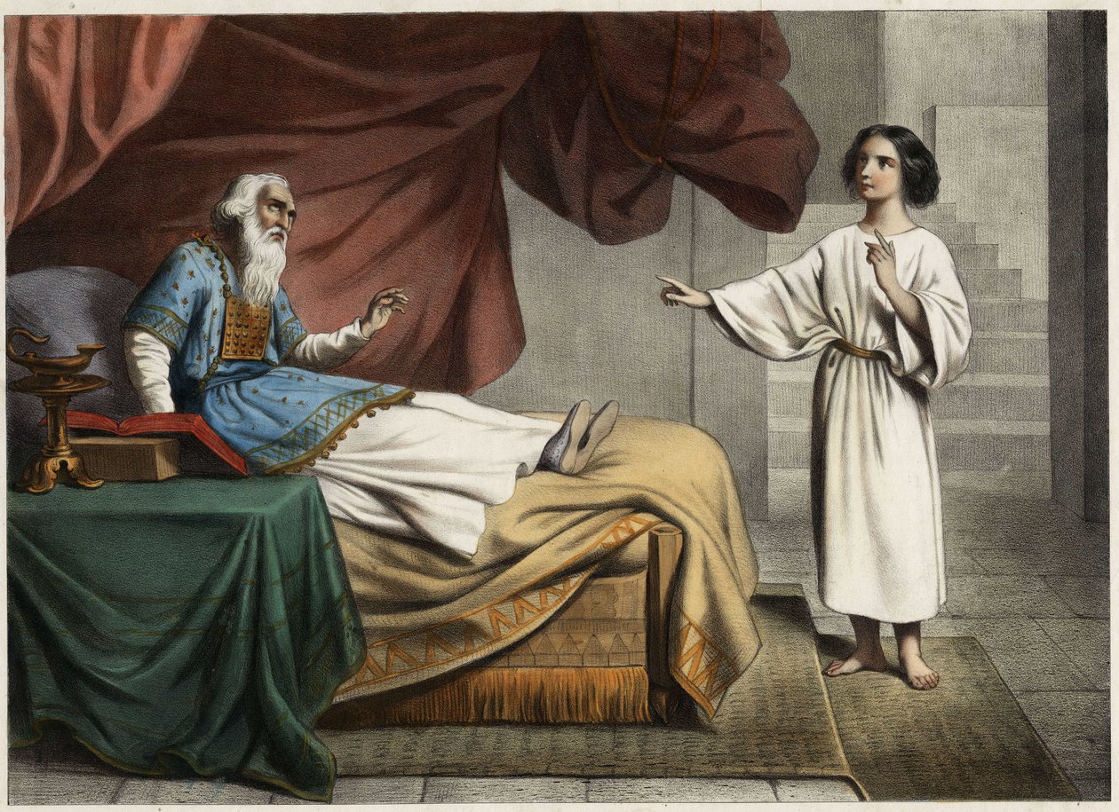 Samuel, que ouve a voz do Senhor chamando-o no meio da noite, pensa que este é seu mentor, o sumo sacerdote Eli (Heli). Gravura anónima de meados do século XIX. de Unknown artist