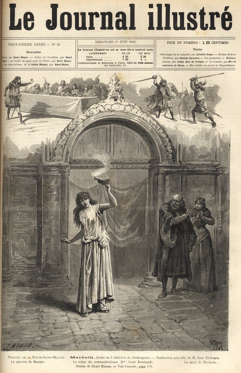 Sarah Bernhardt: Lady Macbeth em "Macbeth", drama de Shakespeare, adaptado por Jean Richepin - Theatre de la porte Saint-Martin - gravura em "Le journal illustrious" de 1884 de Unknown artist