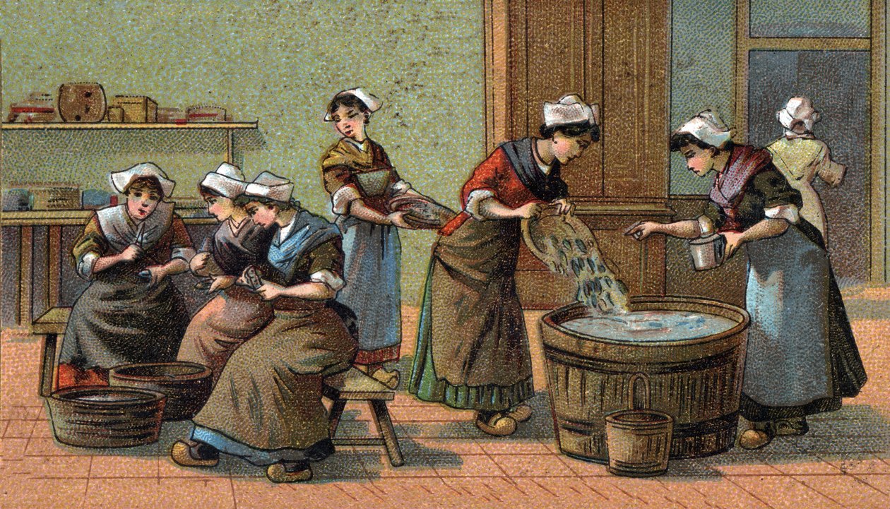 Indústria da sardinha: cabeças de corte, salga. Cromolitografia do final do século XIX de Unknown artist