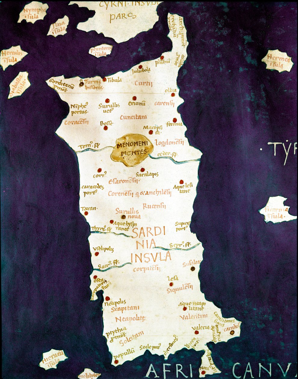 Sardenha (Sardegna). Detalhe de um mapa geográfico que acompanha a "Cosmographia" (Geografia) de Claude Ptomelee (século II depois de JC), final do século XV Nápoles, Biblioteca dei Gerolamini de Unknown artist