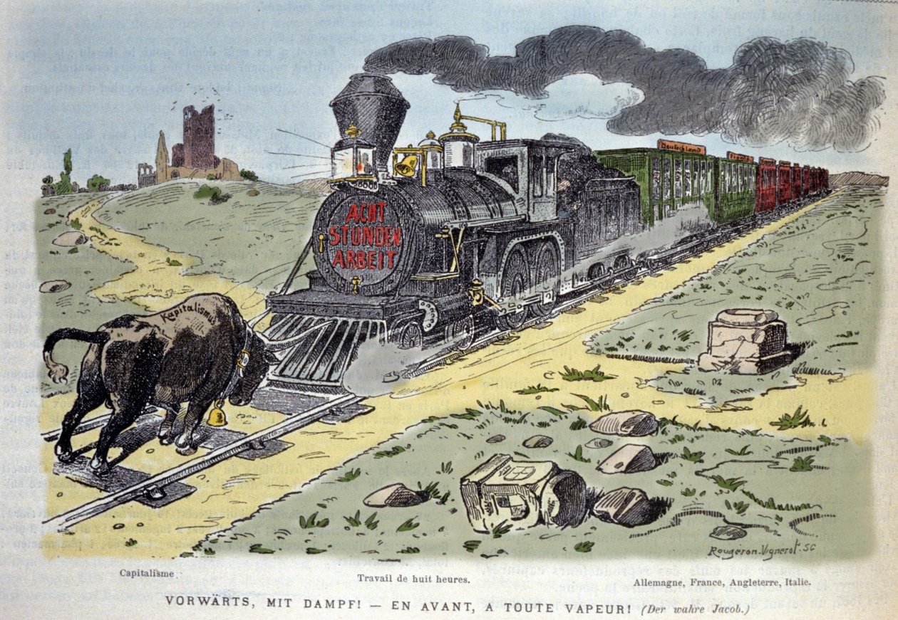 Vinheta alegórica satírica: o touro símbolo do capitalismo tenta deter o comboio da reforma laboral. Cada vagão é projetado para um país: Alemanha, França, Inglaterra, Itália, 1897 de Unknown artist