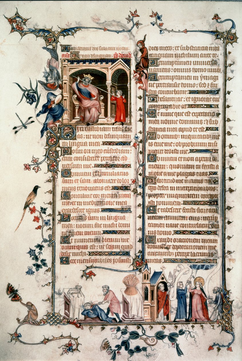 Saul ameaçando David, Caim matando Abel, Alegorias da Eucaristia e Caridade. Breviário de Belleville. 1323-1326. Sra. Lat. 10483 fol.24v. - Jean Maid. Breviário de Belleville. de Unknown artist