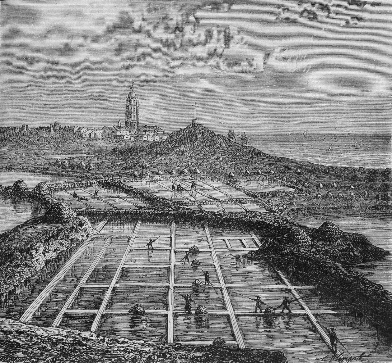 Sauniers num pântano salgado em Bourg de Batz, perto de Croizic (Bretanha), durante o período de Saunage. Em "Wonders of the Industry" (Maravilhas da Indústria) de Louis Figuier. de Unknown artist