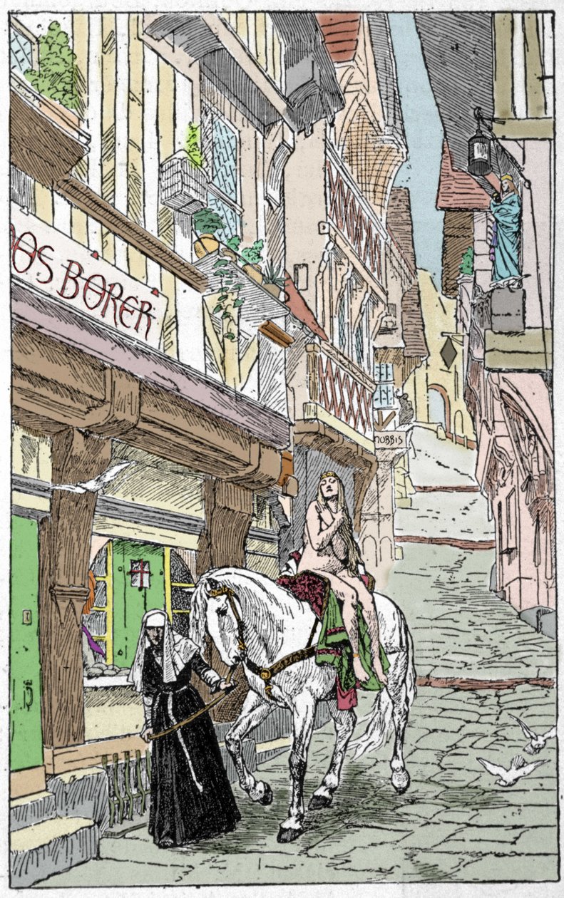 Lenda saxónica: Godiva (Lady Godiva ou Godgifu), uma mulher saxã que, no início do ano 1000, atravessou nua a cavalo pelas ruas de Coventry, na Inglaterra, para convencer o marido a reduzir os impostos que cobrava para financiar a sua campanha militar. de Unknown artist