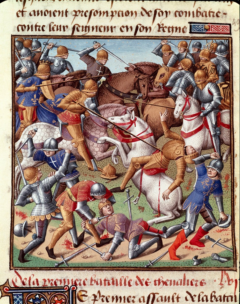 Cena de bataille Miniatura em "Le miroir historial" (Speculum Historiale) (ms. 1196 fol. 408 r.) de Vincent de Beauvais (1190-1264) traduzido para o francês por Jean de Vignay de Unknown artist