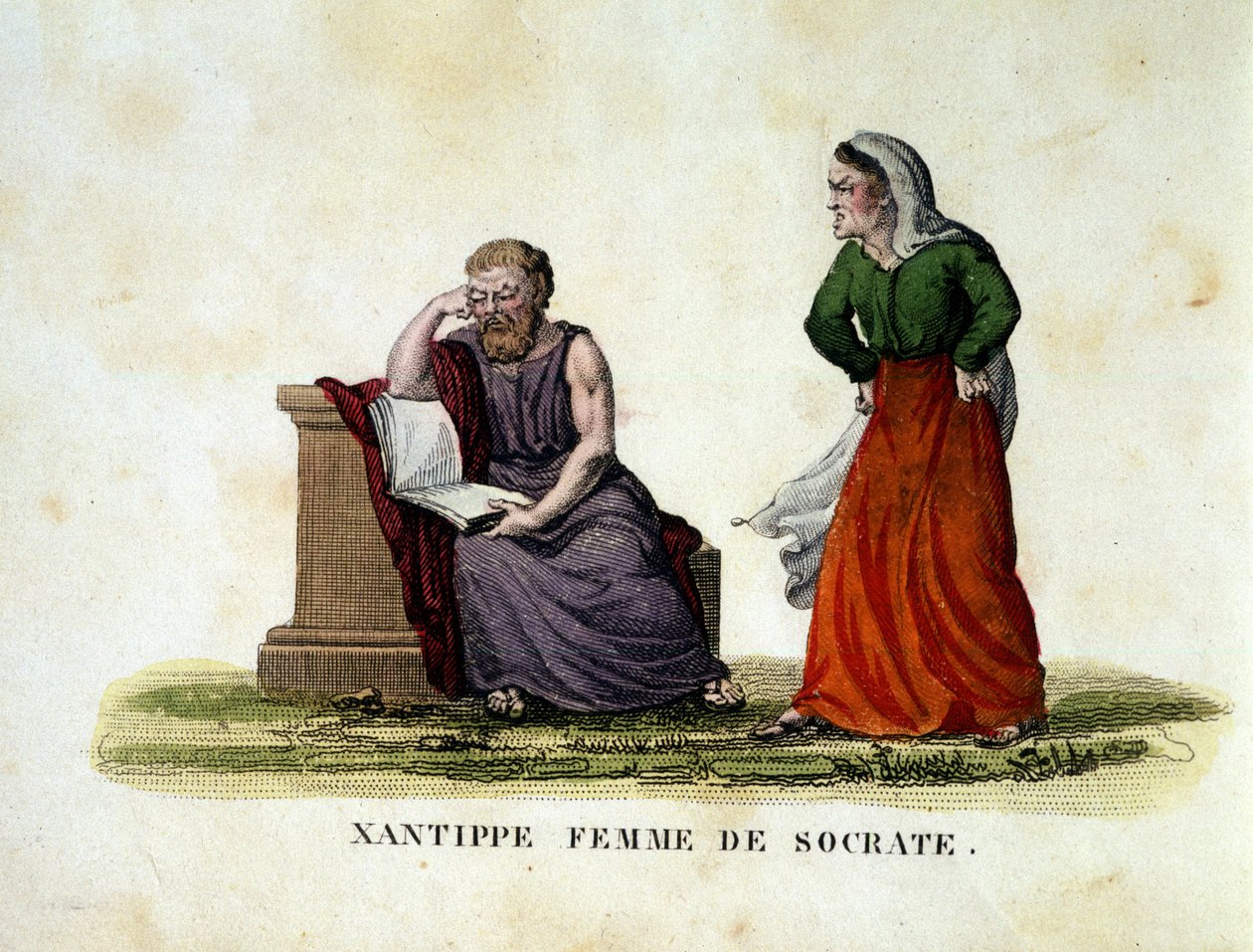 Cena de menage entre Sócrates e sua esposa Xantippe (Xanthippe) - gravura de Unknown artist