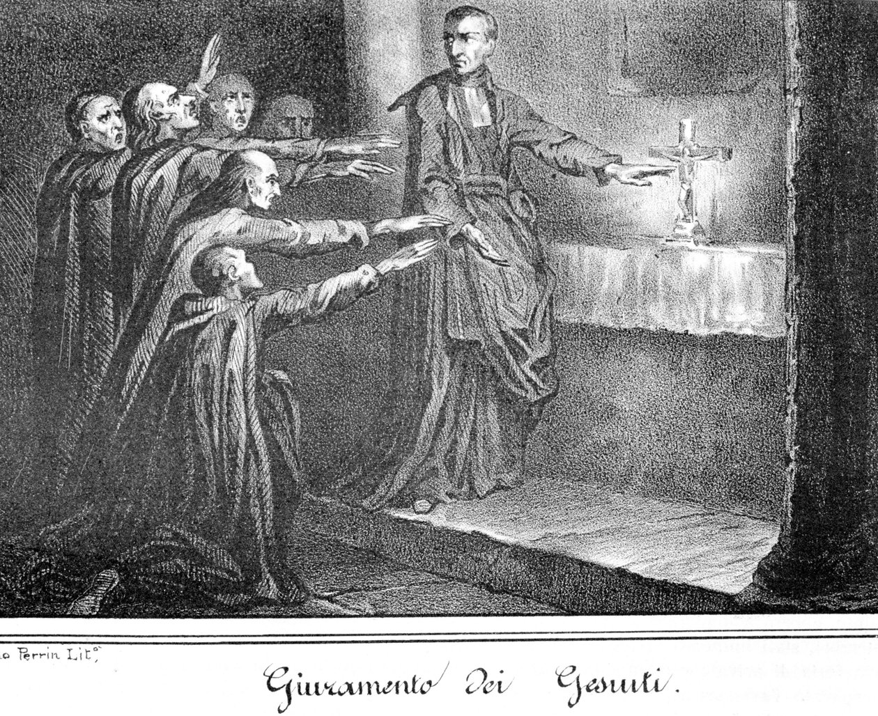 Cena representando os jesuítas prestando juramento. Gravura do final do século XIX. de Unknown artist