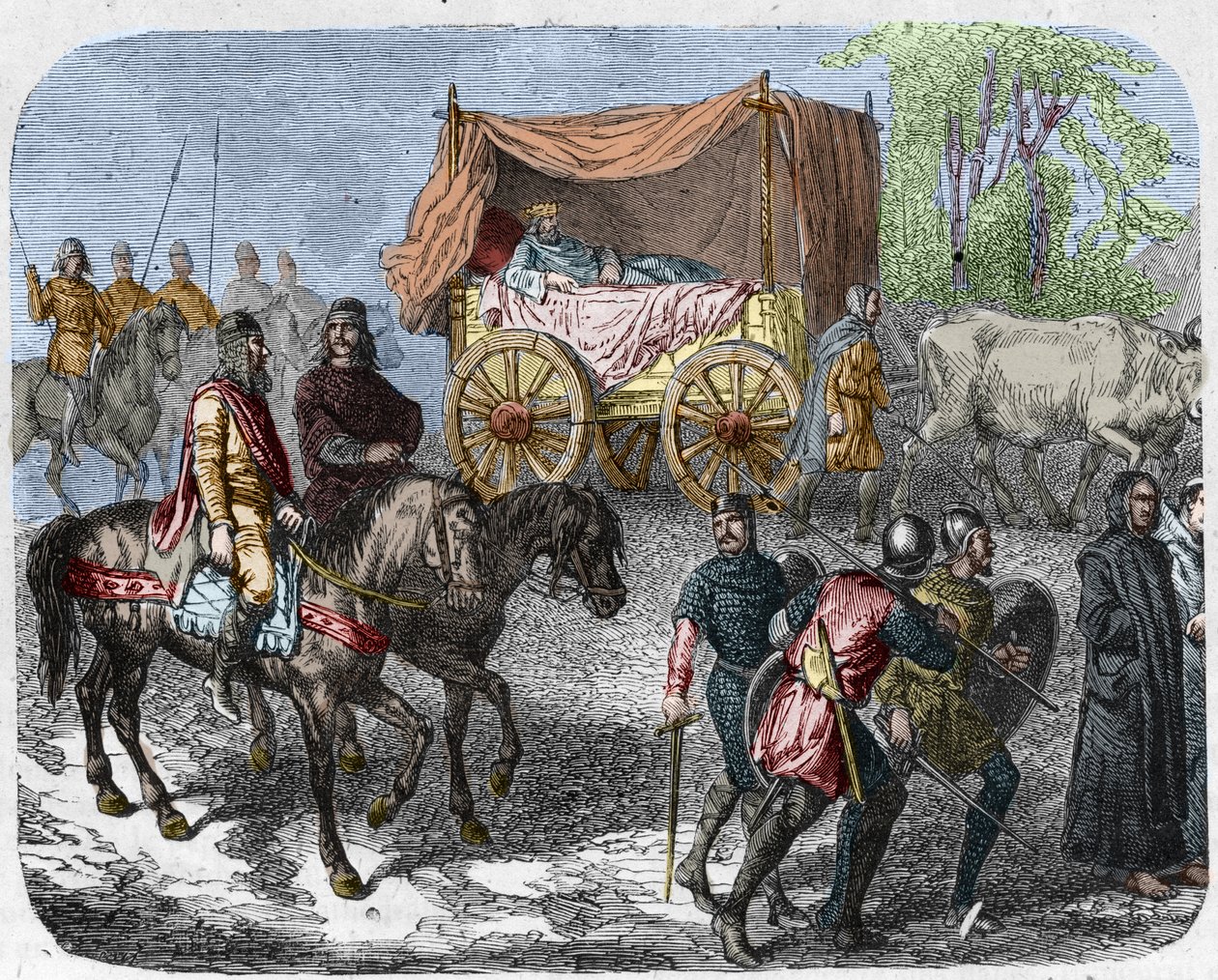 Cena retratando os reis preguiçosos: Rei de França Thierry III (673-691) transporta num tanque com uma cama puxada por bois. de Unknown artist
