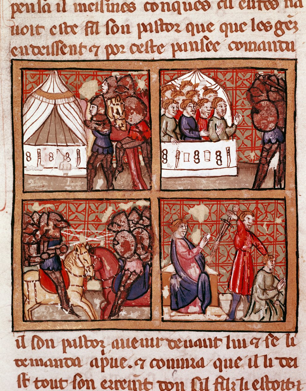 Cena de confronto entre dois campos inimigos, uma execução no canto inferior direito. Página de um manuscrito do século XIV Biblioteca Marciana Veneza de Unknown artist