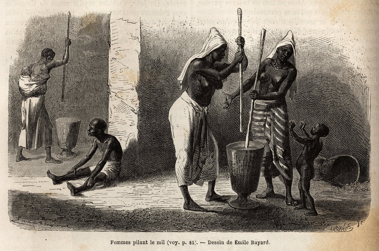 Cena da vida quotidiana: mulheres a martelar milheto, em Sekou (Níger), rodeadas de crianças. Gravura para ilustrar a viagem ao Sudão Ocidental do Tenente (Marinha) M.Mage, em 1863-1866, publicada no "Le tour du monde, nouveau journal des voyages", sob o d de Unknown artist