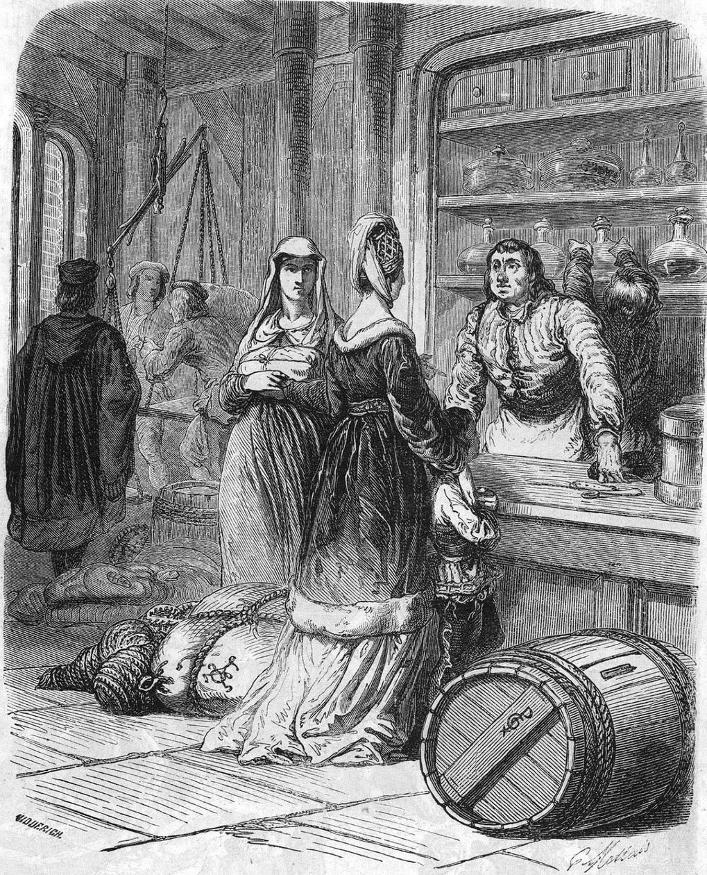 Cena da vida quotidiana, fazer compras no século XV. de Unknown artist