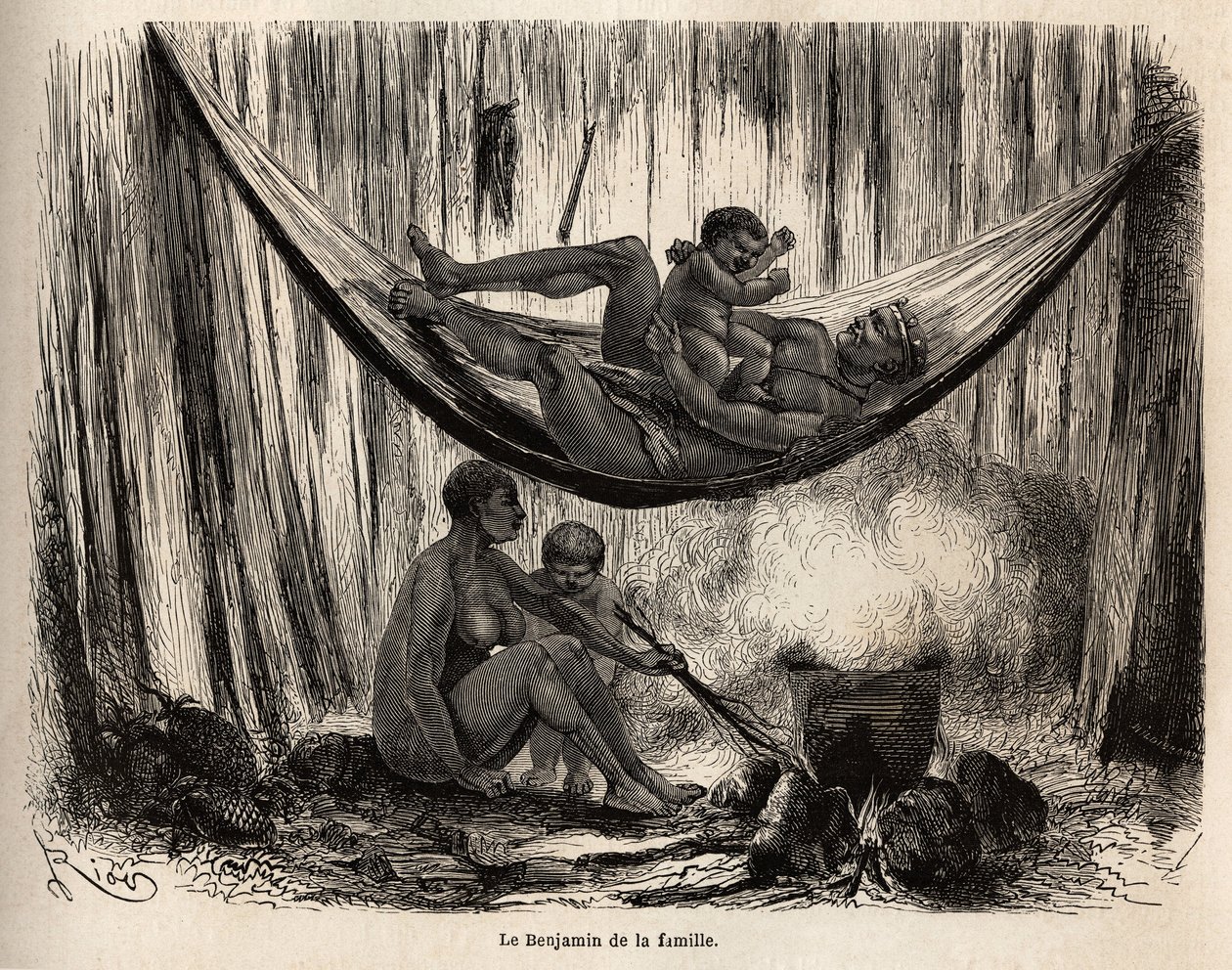 Cena da vida familiar dos índios Yahuas da missão de San José (Peru), o homem brinca com seu último n em uma rede, enquanto a esposa e o filho viril prepara caules de chambira de palma, destinados a fazer redes de rede em que os Yahuas se destacam. Engra de Unknown artist