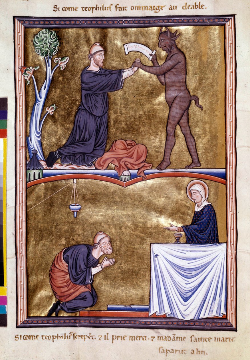 Cenas da vida do monge São Teófilo o Penitente (século VI). Ele chamou o diabo para tirá-lo da mendicância. Ele fez penitência para o resto de sua vida. Miniatura do "Saltério de Ingeburg da Dinamarca", cerca de 1210. Biblioteca de Sainte Genevieve de Unknown artist